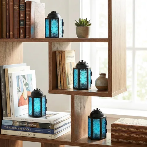 Miniatura 2 de VELA LANTERNS - Juego de 4 linternas para velas tea light, estilo mini marroquí, de 4.25" de tamaño pequeño, decorativas para mesa o colgar, metal