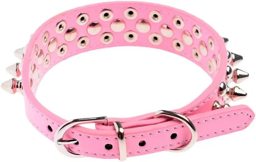 Miniatura 2 de Dogs Kingdom Collar de piel suave con remaches y picos de piel suave, hebilla ajustable, para perros pequeños, medianos y grandes, color rosa, XXS