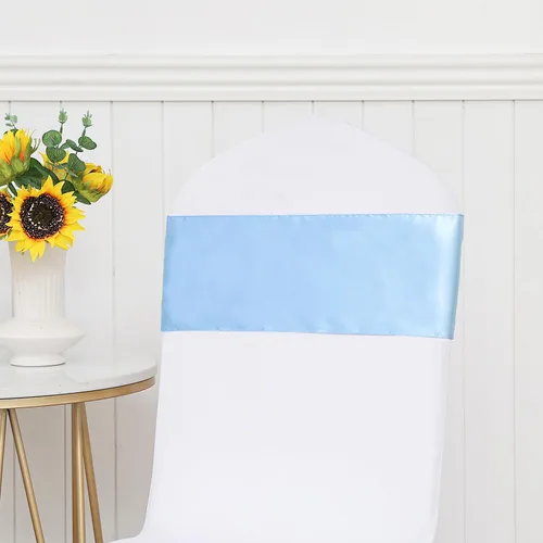 Miniatura 6 de Paquete de 50 cintas de satén para sillas color azul bebé, 7 x 108 pulgadas, cintas universales doradas para sillas de boda, ceremonia, fiesta