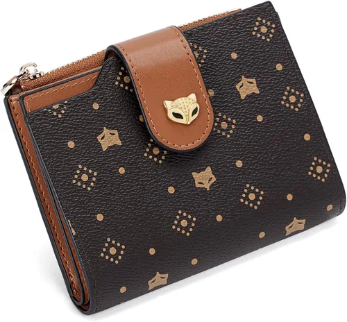 FOXLOVER Cartera pequeña para mujer, con bloqueo RFID, de piel, plegable, con cremallera, bolsillo con cremallera, tarjetero con ventana de