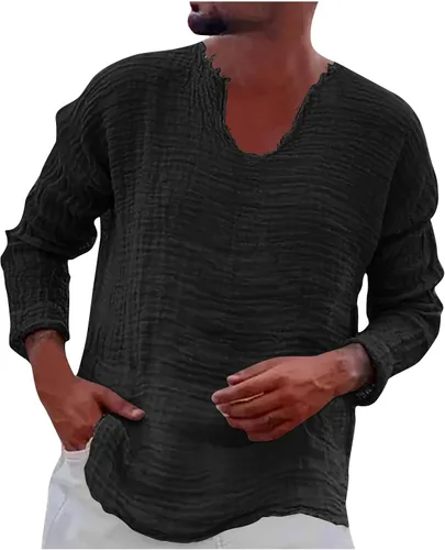 Hombre Manga Larga Jersey Camisa Sólido V-Cuello Barbecho Camiseta Moda Fruncido Camisetas Blusa Suelta Novedad Tops