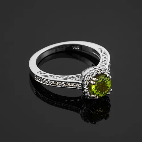 Miniatura 3 de Anillo de compromiso de oro blanco de 10 k con halo de diamantes y piedra natal de agosto (talla 7), Oro, blanco, oro blanco de 10 k, Peridoto