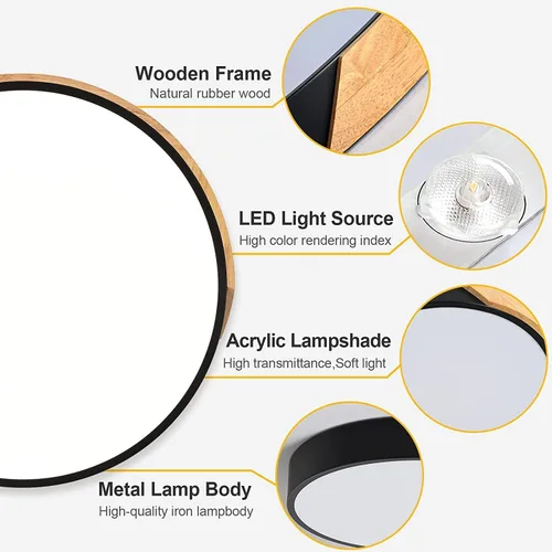 Miniatura 5 de Lámpara de techo LED de madera de montaje empotrado, 3CCT 3000K-6500K moderna negra cerca de las luminarias del techo, lámpara de techo redonda