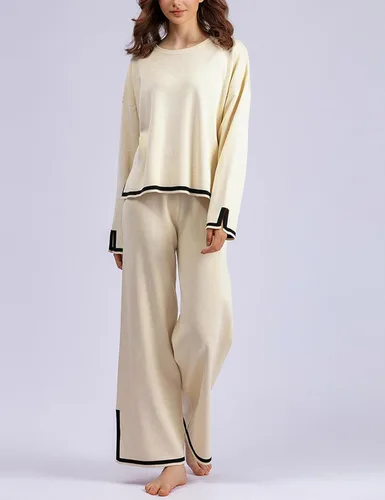Miniatura 2 de Conjunto de suéter de 2 piezas para mujer, conjunto de punto de manga larga, sin botones, pantalones de pierna ancha