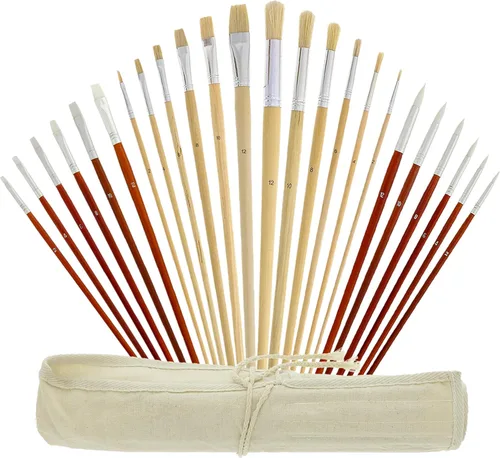 U.S. Art Supply Juego de 24 pinceles de pintura acrílica y al óleo con asas largas, soporte organizador de pinceles de lona, redondo, puntas planas,
