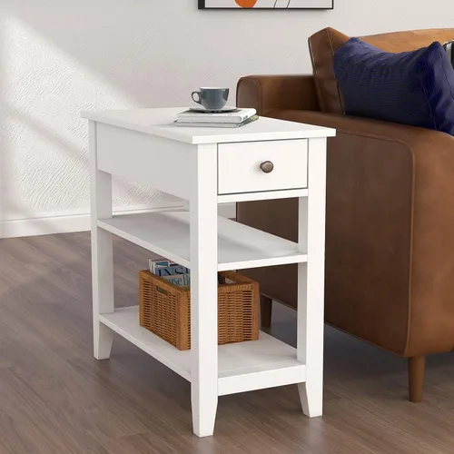 Miniatura 3 de Mesa auxiliar ChooChoo para sala de estar, mesa auxiliar estrecha con cajón y estante, mesa auxiliar de sofá de 3 niveles para espacios pequeños