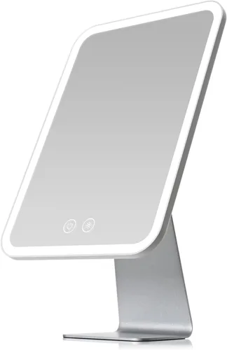 NEZZOE Espejo de maquillaje iluminado, espejo de mesa de metal con soporte, espejo de tocador recargable de 2000 mAh con 3 colores y brillo