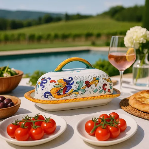 Miniatura 6 de Deruta Italy - Mantequera Raffaellesco 1 pieza de 8.5 x 4 x 4.5 pulgadas Cerámica italiana hecha a mano y pintada a mano Contenedor de cocina
