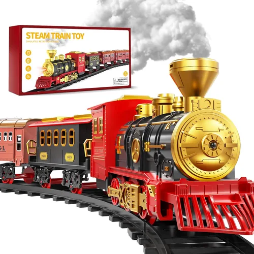 Miniatura 9 de Juego de tren para niños de 3-5 4-7, juego de juguetes clásicos de tren eléctrico con motor de locomotora, luces y sonido con vapor, rieles
