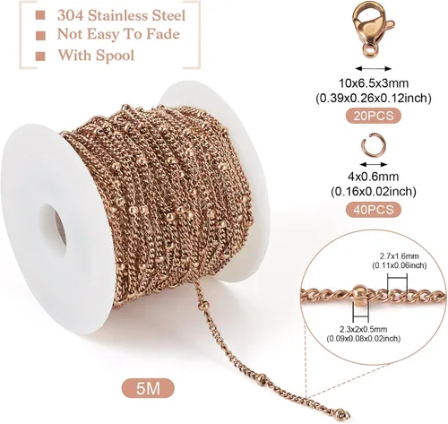 Miniatura 7 de KISSITTY Cadenas de satélite de oro rosa de 16.4 pies de acero inoxidable 304 soldadas con cierres de anillos de salto, cadena de bricolaje