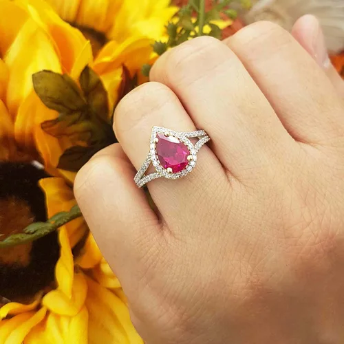 Miniatura 24 de Dazzlingrock Collection Anillo de compromiso con forma de lágrima y diamante blanco natural redondo de 0.45 quilates con halo de diamantes blancos