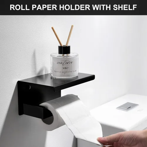 Miniatura 3 de Juego de 5 piezas de accesorios de baño, juego de toallero negro y dorado, soporte de papel higiénico con estante, juego de toallero en el baño