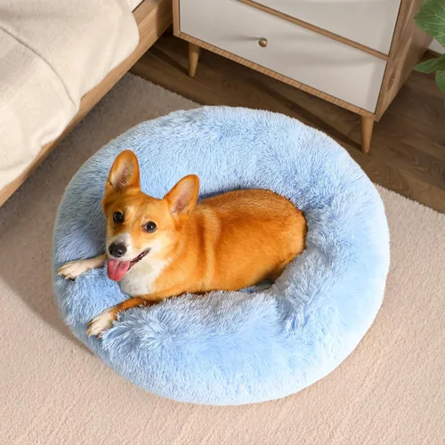 Miniatura 35 de WESTERN HOME WH Cama calmante para perros y gatos, dona acogedora anti-ansiedad, cama redonda cálida y acogedora de piel sintética, suave y azul