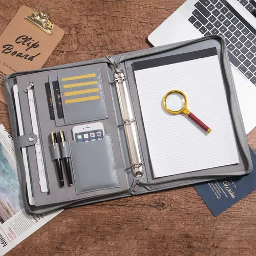 Miniatura 6 de AZXCG Carpeta de cuero con 3 anillos para mujeres y hombres, organizador de carpetas de negocios de cuero vegano con cremallera, soporte para bloc