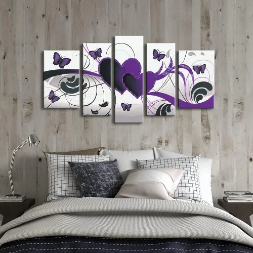 Miniatura 4 de Wieco Art - Juego de 5 cuadros modernos 100 % pintados a mano; estirados y enmarcados; abstractos y románticos, de temática de mariposas y amor