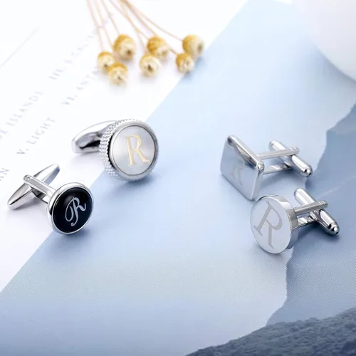 Miniatura 4 de LOYALLOOK Juego de 4 pares de gemelos con letras iniciales para hombre, gemelos grabados, gemelos del alfabeto, a la moda, deslumbrante, esmoquin
