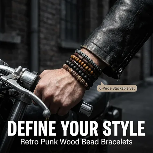 Miniatura 5 de TIESOME 6 pulseras de cuentas para hombre, cuentas de madera multicapa y pulseras de cuero trenzado, cordón elástico ajustable, estilo grunge