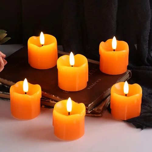 Miniatura 6 de Eywamage Velas votivas sin llama de cera de goteo naranja con pilas remotas, velas LED pequeñas de 2 x 2 pulgadas, juego de 6