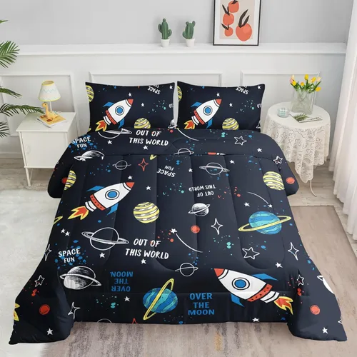 Miniatura 22 de Juego de edredón espacial para niños astronautas para niños, niños, niños, con estampado de cohete de astronauta de nave espacial galáctica, con 1