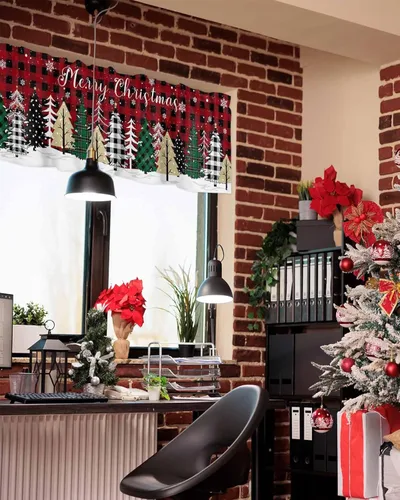 Miniatura 4 de Cenefa de Navidad para Ventanas Cortinas de Árbol de Navidad Alegre Cenefas con Bolsillo para Barra Cenefa Tratamientos para Ventanas Cuadros Árbol