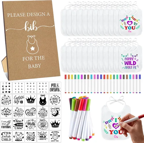 Miniatura 16 de Panitay Kit de decoración de 100 baberos para bebé, 50 baberos blancos, 25 plantillas, 24 marcadores de tela, 1 letrero de juego para baby shower