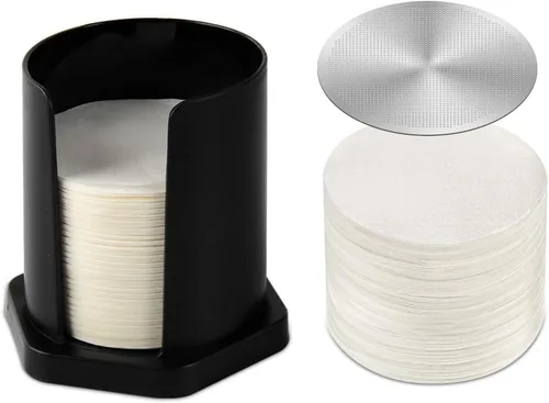 CAFEMASY - Soporte de filtro de café para filtro Aeropress, 742 filtros de papel de repuesto con soporte para filtros negros, filtro de metal