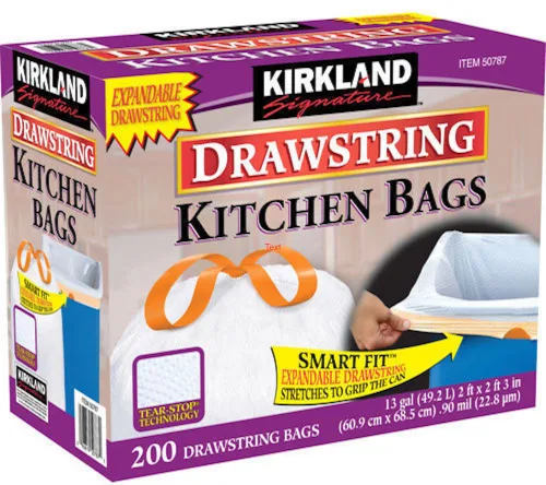 Kirkland Signature - Bolsa de basura para cocina, 100% reciclable, resistente, con cordón, de 13 galones, 200 unidades, color blanco