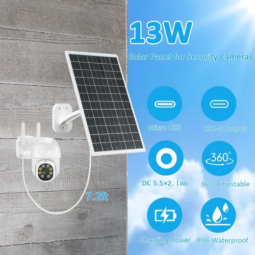Miniatura 4 de Panel Solar de 13W para Cámaras de Seguridad al Aire Libre, USB-C, Micro USB y Salida DC de 5.5x2.1mm, Montura de 360°, Resistente al Agua IP66