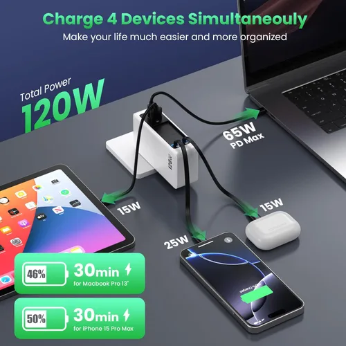 Miniatura 3 de Bloque de cargador USB C de 120W con 2 cables retráctiles integrados, cargador de pared con enchufe plegable GaN IV 4 en 1, estación de carga