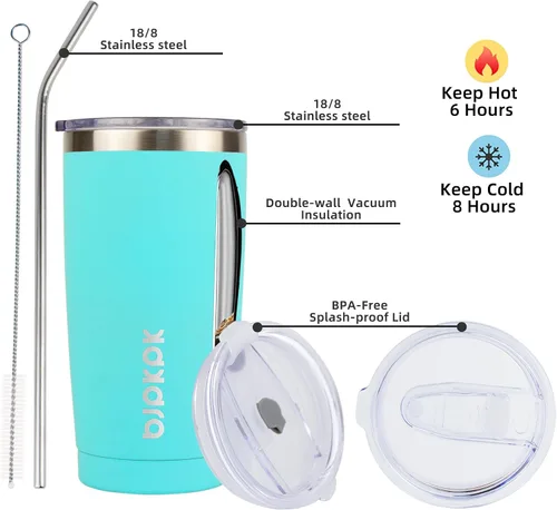 Miniatura 2 de BJPKPK - Vaso de 20 onzas con tapa y pajilla, de acero inoxidable con aislamiento al vacío, taza térmica para viajes, para café helado
