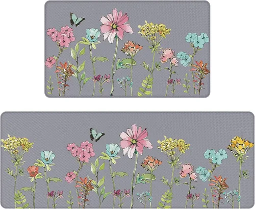Miniatura 9 de Tapetes de cocina para piso, 2 piezas, color crema, flores coloridas, mariposas, tapetes de cocina para frente del fregadero, alfombras de cocina