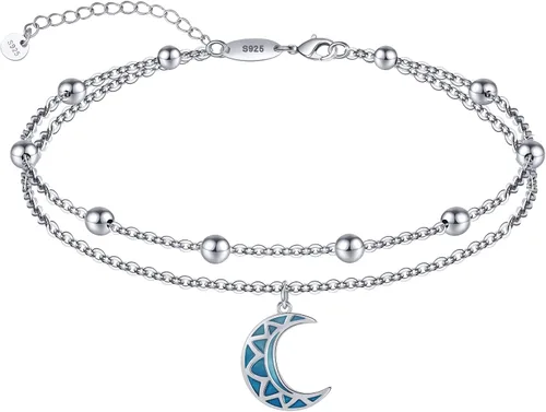 Miniatura 61 de CHIC & ARTSY Tobilleras delicadas de plata de ley S925 para verano, pulsera de tobillo ajustable multicapa para playa, joyería de pie para mujer
