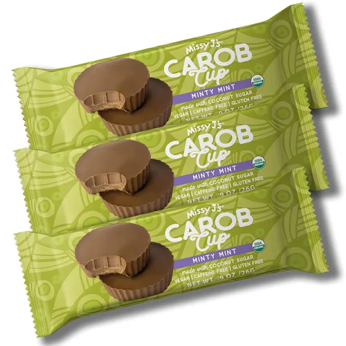 Missy J's Tazas de algarroba de menta orgánica de 0.9 onzas, paquete de 3. Fabricado con azúcar de coco, vegano, sin gluten y cafeína, sustituto