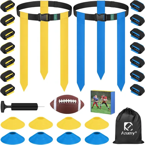 Juego de fútbol con bandera, cinturones de fútbol ajustables para 14 jugadores, contiene 42 banderas de fútbol, 8 conos de práctica, fútbol tamaño