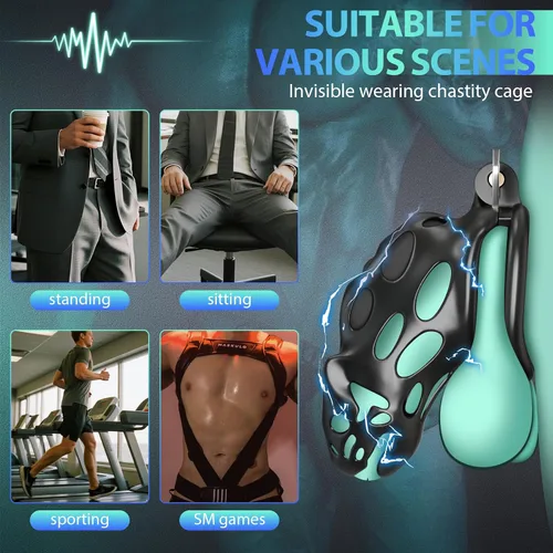 Miniatura 7 de Jaula de Castidad Masculina con Descarga Eléctrica de Juguete Sexual, Dispositivos de Castidad Jaula para Pene con 7 Vibraciones 7 Intensidades