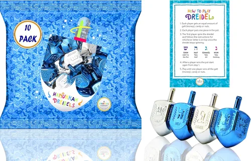 The Dreidel Company Paquete de 10 Dreidels de Plástico Metálico Plateado y Azul de Hanukkah con Traducción al Inglés, Peonzas Incluye Tarjeta de