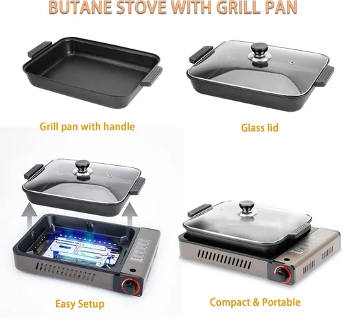 Miniatura 5 de Estufa portátil de gas propano con parrilla y tapa, estufa de camping de butano con encendido instantáneo para patio, cocina en el hogar, camping