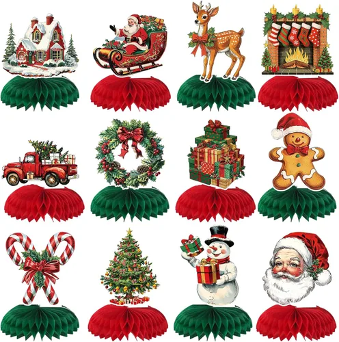 AmazingSpark 12 centros de mesa de nido de abeja de Navidad vintage, surtido de decoración navideña retro, Papá Noel, árbol de Navidad, muñeco de