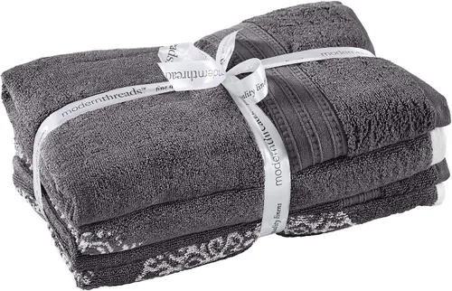 Miniatura 4 de Modern Threads Juego de toallas Jacquard teñidas de hilo reversible de 6 piezas Artesia Damasco Gris