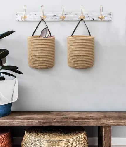 Miniatura 7 de Goodpick Paquete de 2 cestas colgantes de yute - Cesta tejida pequeña de helecho colgante con cuerda, cesta de pared para plantas de flores, juego