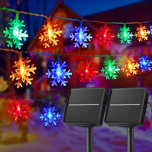 Miniatura 12 de Brightown Guirnalda de luces solares de copo de nieve de Navidad, paquete de 2 unidades, 100 luces LED de 78 pies para exteriores, impermeables