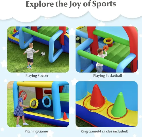 Miniatura 3 de HONEY JOY Casa inflable de rebote, casa hinchable 8 en 1 con área de salto, portería de fútbol, aro de baloncesto, juego de objetivo y lanzamiento