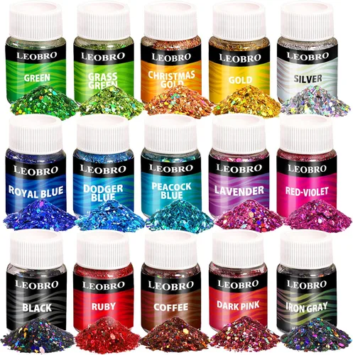 LEOBRO Purpurina holográfica gruesa – 15 colores para manualidades de resina, uñas, cuerpo y joyería – con 10 cucharas mezcladoras