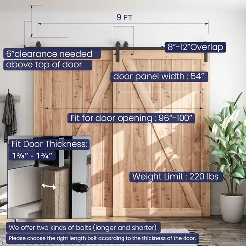 Miniatura 4 de SMARTSTANDARD Kit de herrajes para puerta corredera de granero de 9 pies de derivación - para puertas de madera dobles - un solo carril - suave