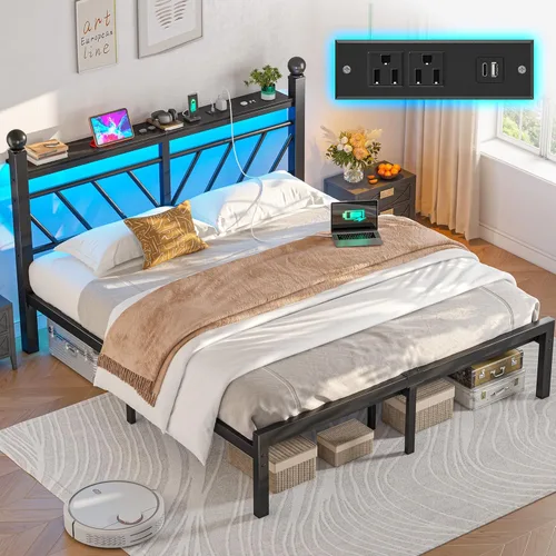 Miniatura 12 de Homkdom Marco de cama de plataforma de metal tamaño Queen de 14 pulgadas con cabecero, marco de cama victoriano Queen con almacenamiento debajo