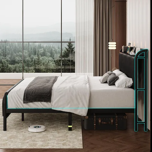 Miniatura 7 de iPormis Base de cama de metal de tamaño completo con estación de carga, cabecera y pie de cama de cuero sintético, soporte de acero resistente, Negro
