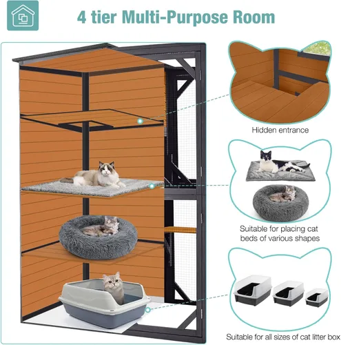 Miniatura 2 de Big Catio - Casa para gatos al aire libre, refugio de madera para gatos de 4 niveles con gran espacio interior (marrón, extragrande)