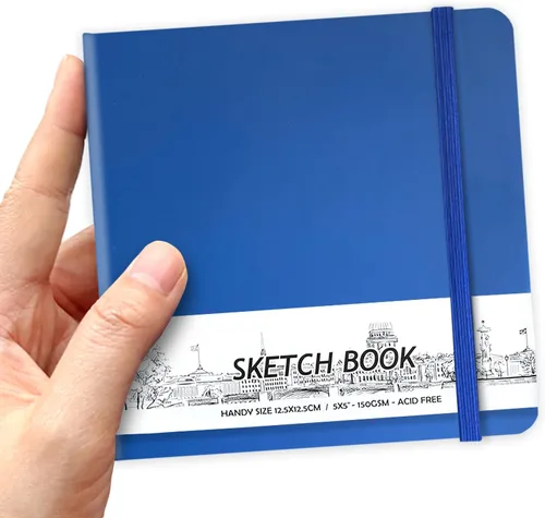 Miniatura 19 de Cuaderno de bocetos de bolsillo cuadrado de tapa dura de cuero PU de 5" x 5", 58 hojas de papel beige Dowling de 150 GSM, libro de bocetos de arte