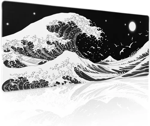 Miniatura 30 de Alfombrilla de mouse para juegos XL japonesa en negro y rojo con arte de peces koi, textura dorada, anime, borde cosido, base de goma antideslizante