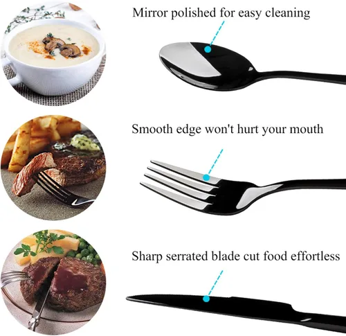 Miniatura 3 de E-far Juego de cubiertos de acero inoxidable negro de 20 piezas, incluye cuchillo, cuchara, tenedor, pulido espejo, apto para lavavajillas, servicio